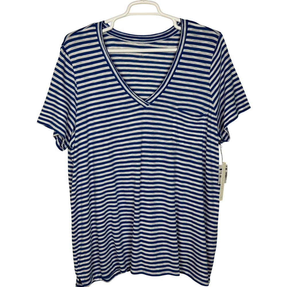 NWT Caslon Striped V-Neck Tee Pocket Coastal Casual Womens 3X Blue Marmara White